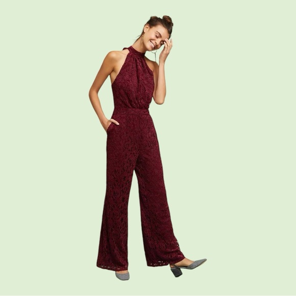 Anthropologie Lace Jumpsuit Ett Twa Sleevless Halter Tie Burgundy - Picture 1 of 9